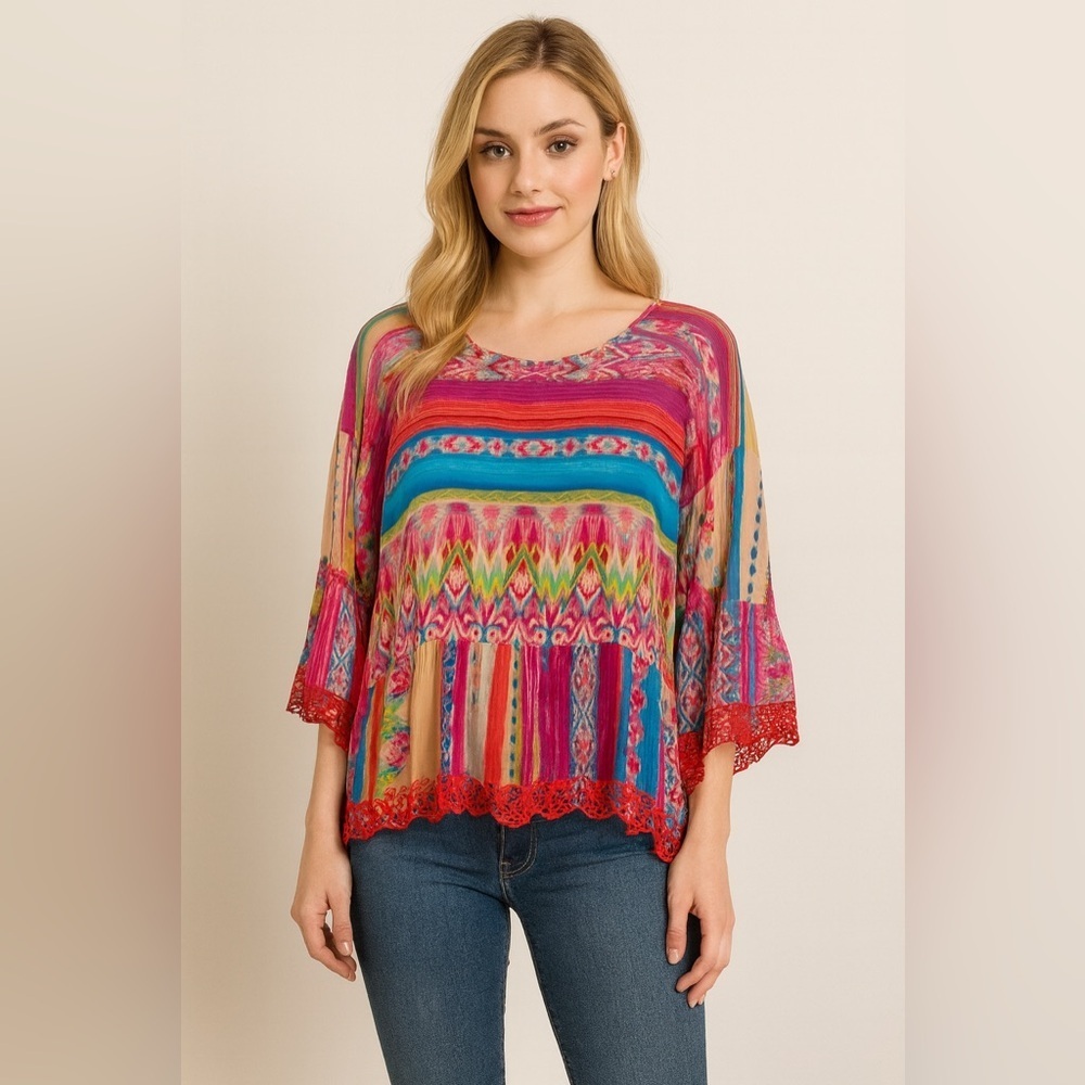 Johnny Was Porcelain Gorgeous Color Crochet Edge Flare Sleeve Blouse  XS